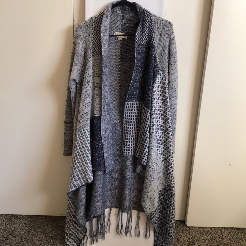 Multi-print cardigan with fringe